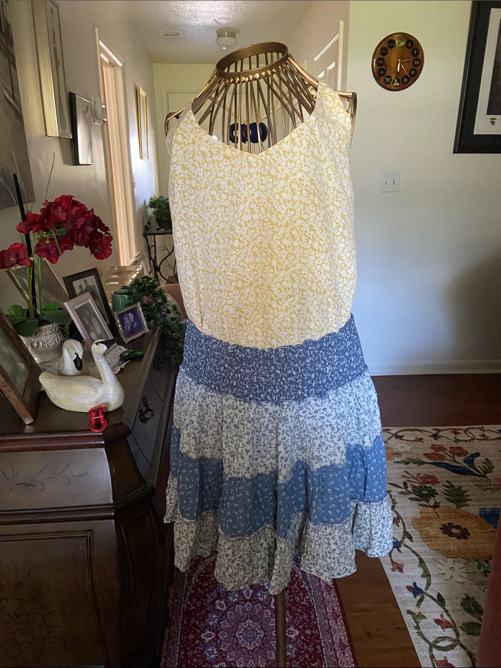 American Eagle Outfitters Yellow and Blue Floral Tiered Midi Skirt Dress